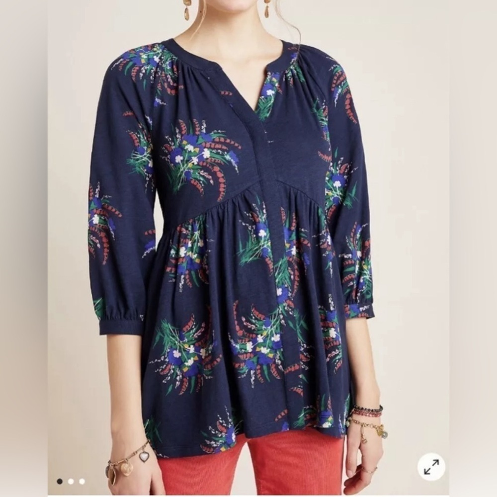Anthropologie Maeve Navy Floral Tunic Top, women’s size medium, cotton